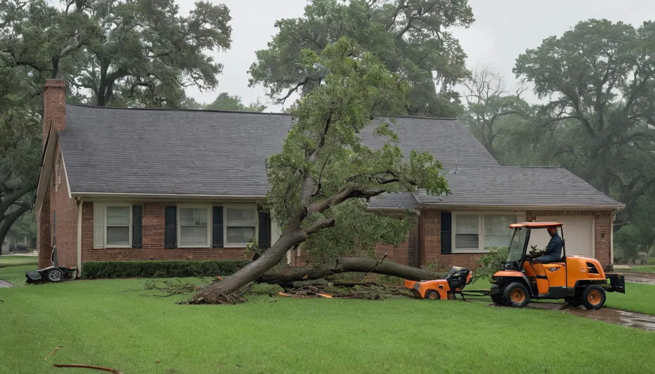 Provider crew safely removing a storm-damaged tree from a yard near a brick ranch home in the Humble area