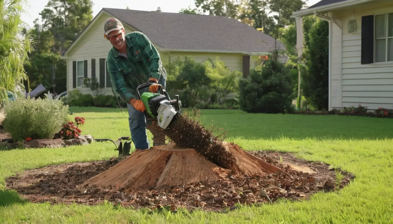 Provider grinding a tree stump in a front yard near Humble
